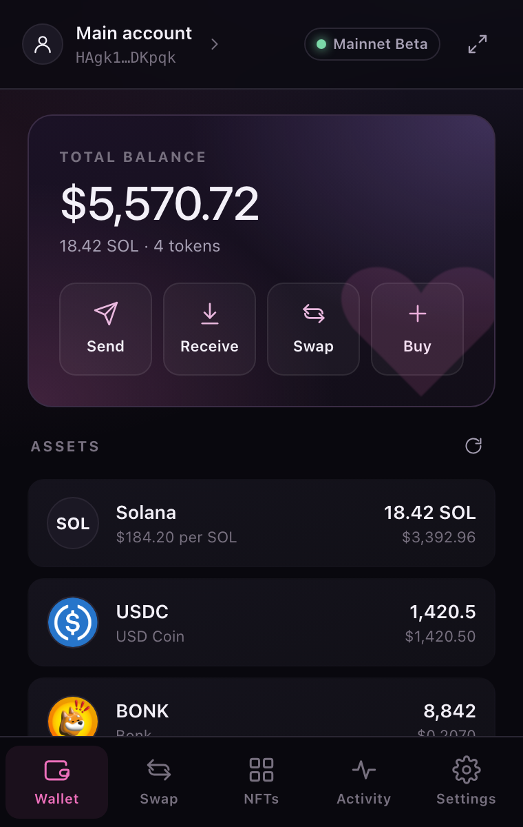 HeartFlow Wallet portfolio screen showing a SOL balance, token list, and send, receive, swap, and buy actions.